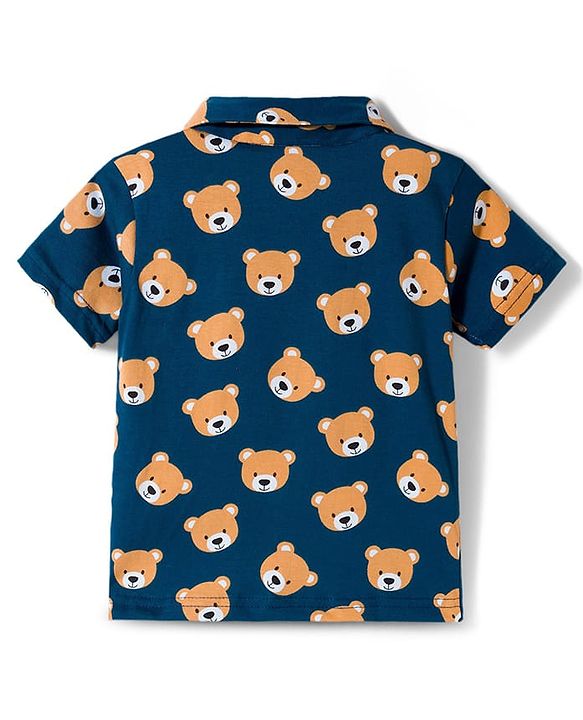 Babyhug Cotton Knit Half Sleeves Co-Ord Shirt & Shorts Night-Suit With Teddy Print - Navy Blue