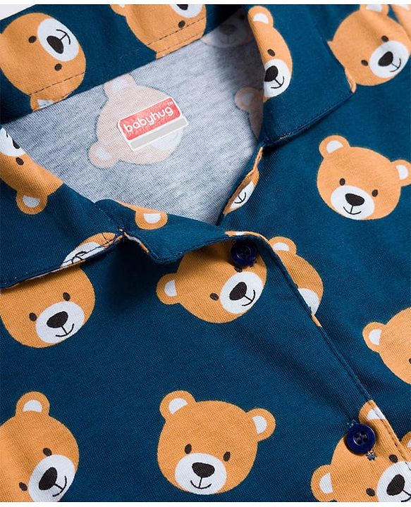 Babyhug Cotton Knit Half Sleeves Co-Ord Shirt & Shorts Night-Suit With Teddy Print - Navy Blue
