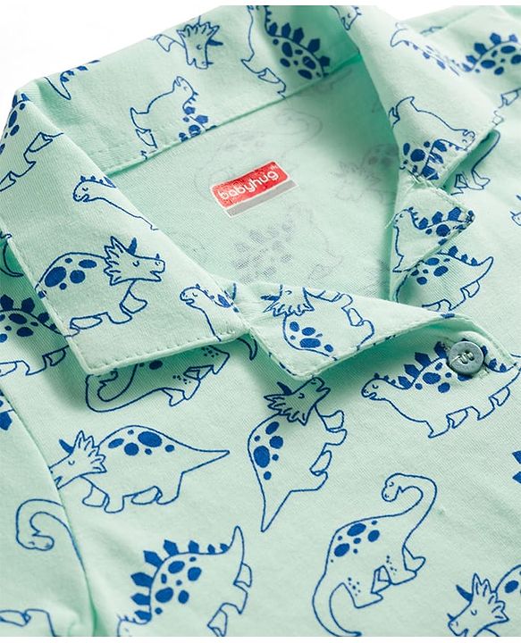 Babyhug Cotton Knit Half Sleeves Shirt & Shorts Co-ord Night Suit with Dino Print - Light Blue