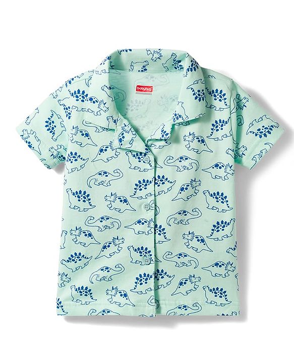Babyhug Cotton Knit Half Sleeves Shirt & Shorts Co-ord Night Suit with Dino Print - Light Blue