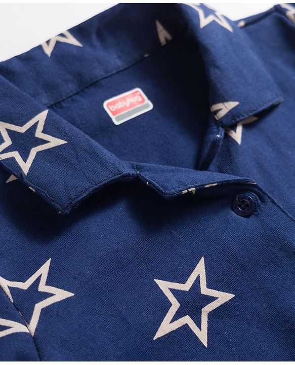 Babyhug Cotton Knit Half Sleeves Co-Ord Shirt & Short Night Suit with Star Print - Navy Blue
