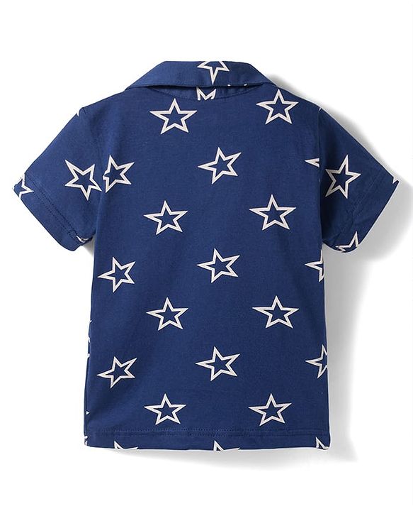 Babyhug Cotton Knit Half Sleeves Co-Ord Shirt & Short Night Suit with Star Print - Navy Blue
