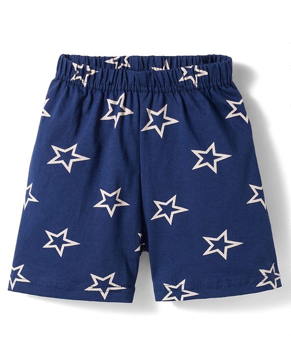 Babyhug Cotton Knit Half Sleeves Co-Ord Shirt & Short Night Suit with Star Print - Navy Blue