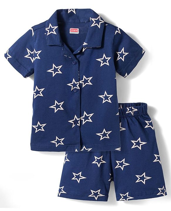 Babyhug Cotton Knit Half Sleeves Co-Ord Shirt & Short Night Suit with Star Print - Navy Blue
