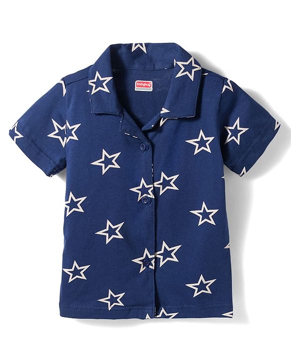 Babyhug Cotton Knit Half Sleeves Co-Ord Shirt & Short Night Suit with Star Print - Navy Blue
