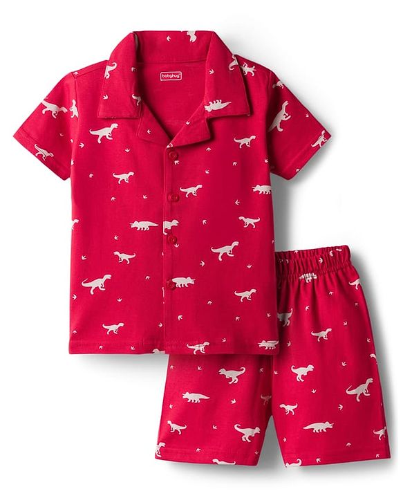 Babyhug 100% Cotton Knit Half Sleeves Shirt & Shorts Co-ord Night Suit With Dino Print - Red