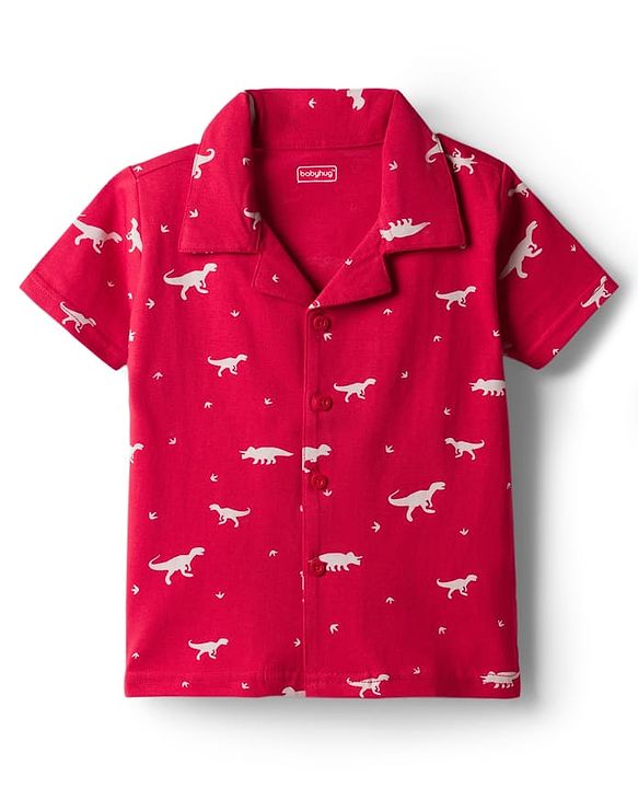 Babyhug 100% Cotton Knit Half Sleeves Shirt & Shorts Co-ord Night Suit With Dino Print - Red