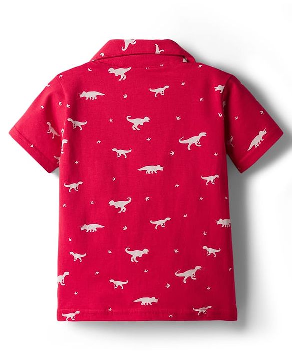 Babyhug 100% Cotton Knit Half Sleeves Shirt & Shorts Co-ord Night Suit With Dino Print - Red