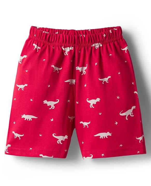 Babyhug 100% Cotton Knit Half Sleeves Shirt & Shorts Co-ord Night Suit With Dino Print - Red