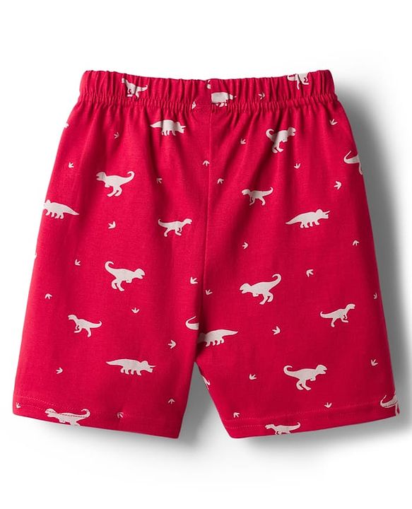 Babyhug 100% Cotton Knit Half Sleeves Shirt & Shorts Co-ord Night Suit With Dino Print - Red