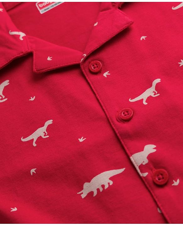 Babyhug 100% Cotton Knit Half Sleeves Shirt & Shorts Co-ord Night Suit With Dino Print - Red
