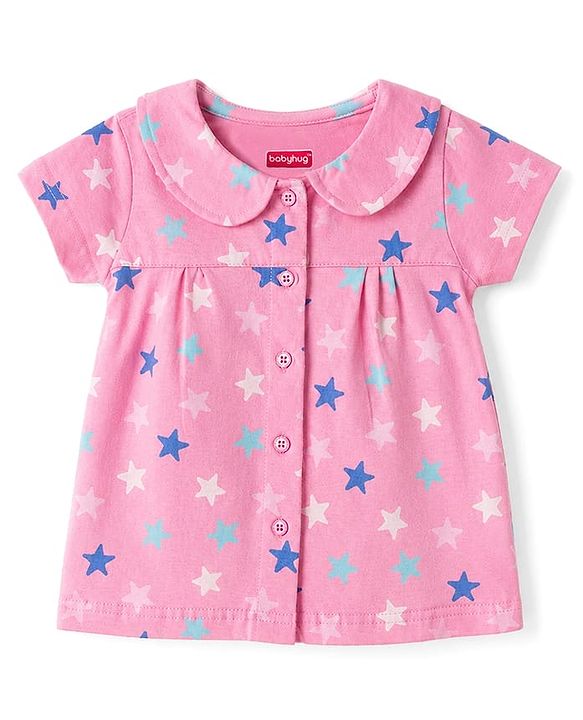 Babyhug Cotton Knit Half Sleeves Peter Pan Collared Top & Shorts Co-Ord Night Suit With Star Print - Pink
