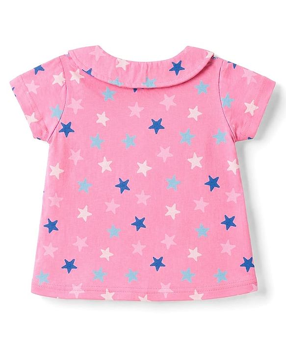 Babyhug Cotton Knit Half Sleeves Peter Pan Collared Top & Shorts Co-Ord Night Suit With Star Print - Pink