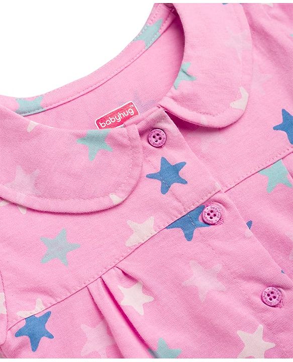 Babyhug Cotton Knit Half Sleeves Peter Pan Collared Top & Shorts Co-Ord Night Suit With Star Print - Pink