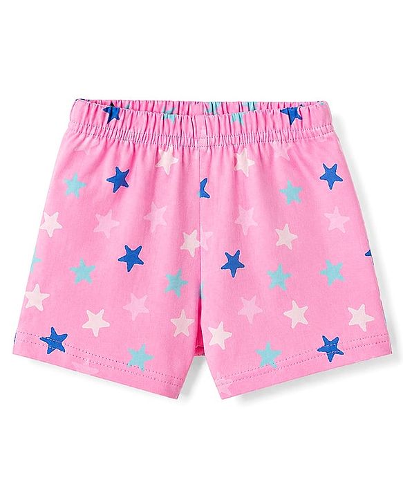 Babyhug Cotton Knit Half Sleeves Peter Pan Collared Top & Shorts Co-Ord Night Suit With Star Print - Pink