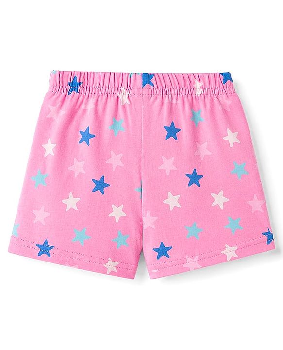 Babyhug Cotton Knit Half Sleeves Peter Pan Collared Top & Shorts Co-Ord Night Suit With Star Print - Pink