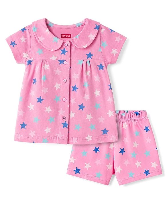 Babyhug Cotton Knit Half Sleeves Peter Pan Collared Top & Shorts Co-Ord Night Suit With Star Print - Pink
