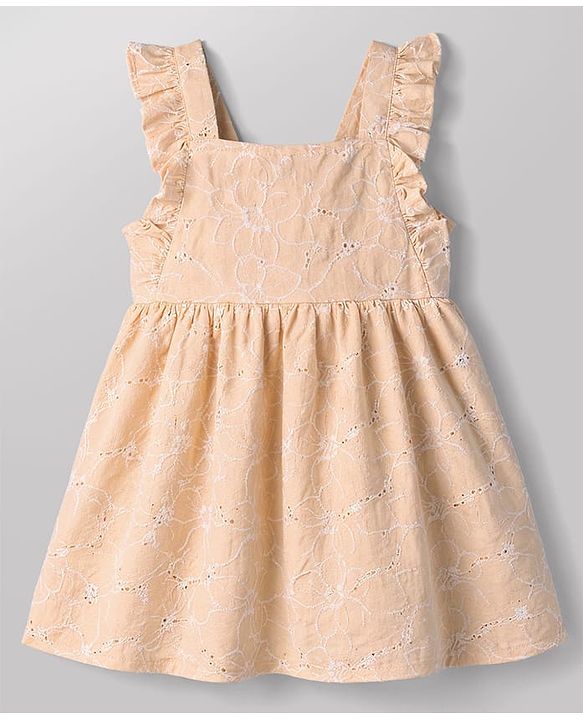 Babyhug Cotton Woven Frocks with Inner Tee Embroidered Beige 9-12 Months