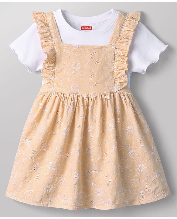 Babyhug Cotton Woven Frocks with Inner Tee Embroidered Beige 9-12 Months
