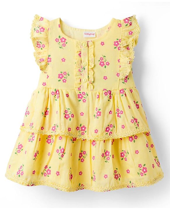 Babyhug 100% Cotton Woven Frill Sleeves Frock with Floral Print - Cream