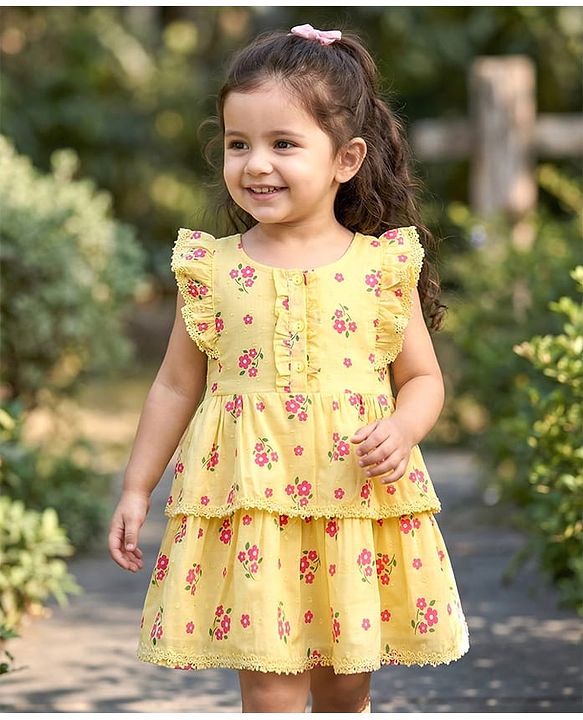 Babyhug Cotton Woven Frill Sleeves Frock with Floral Print - Cream