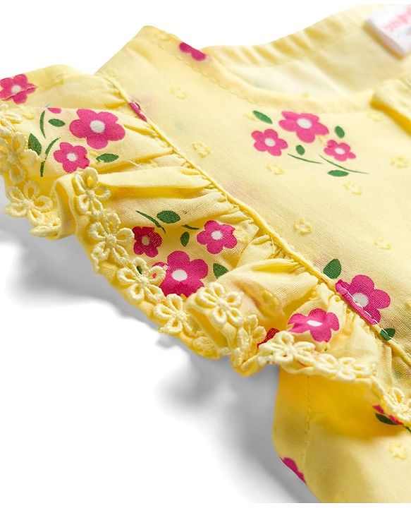 Babyhug Cotton Woven Frill Sleeves Frock with Floral Print - Cream