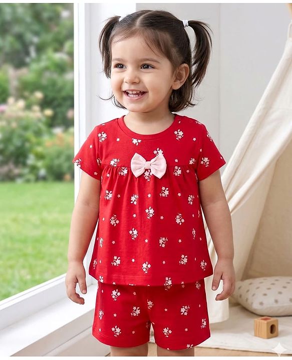 Babyhug Cotton Knit Half Sleeves Co-ords Top & Shorts Night Suit with Floral Print & Bow Applique - Red