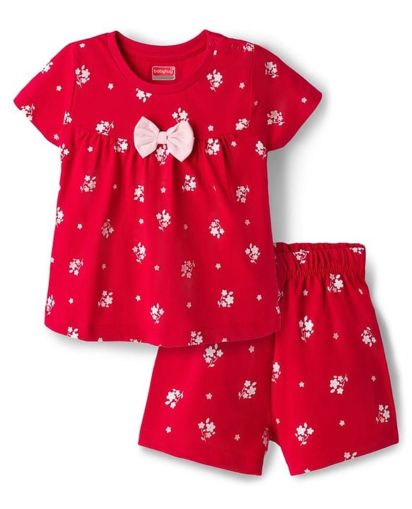 Babyhug Cotton Knit Half Sleeves Co-ords Top & Shorts Night Suit with Floral Print & Bow Applique - Red