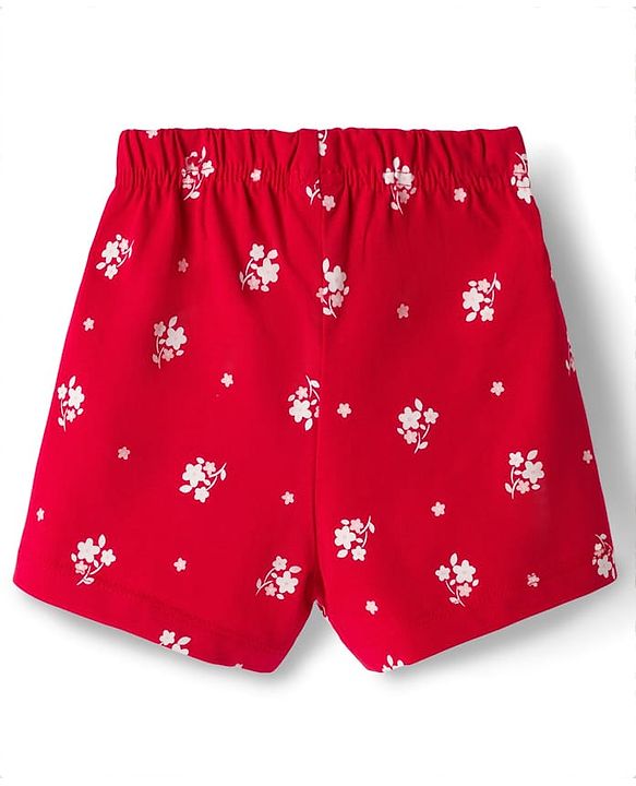 Babyhug Cotton Knit Half Sleeves Co-ords Top & Shorts Night Suit with Floral Print & Bow Applique - Red