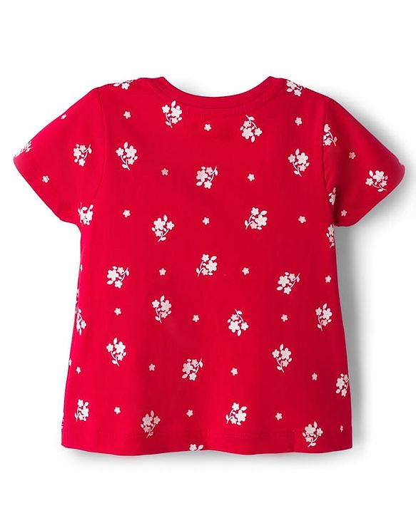 Babyhug Cotton Knit Half Sleeves Co-ords Top & Shorts Night Suit with Floral Print & Bow Applique - Red