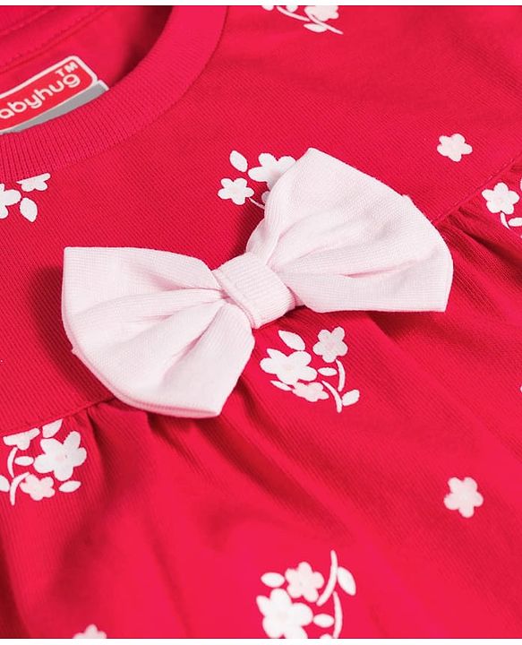 Babyhug Cotton Knit Half Sleeves Co-ords Top & Shorts Night Suit with Floral Print & Bow Applique - Red