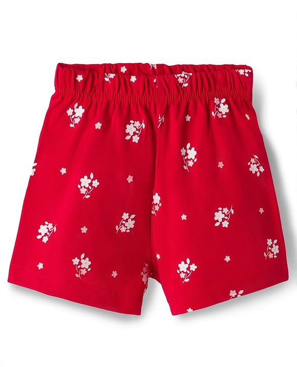 Babyhug Cotton Knit Half Sleeves Co-ords Top & Shorts Night Suit with Floral Print & Bow Applique - Red