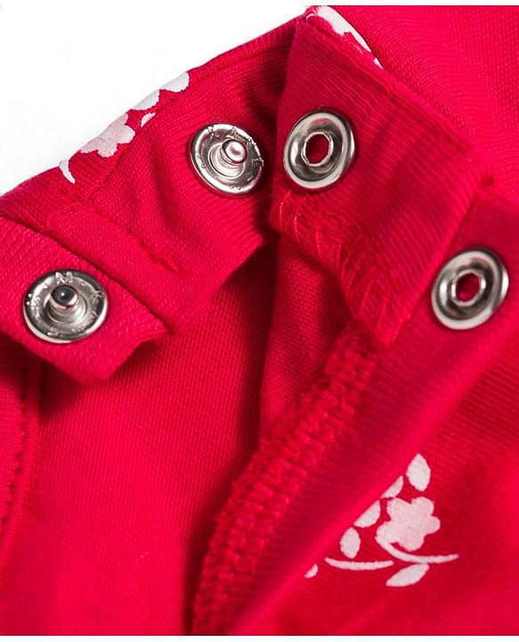Babyhug Cotton Knit Half Sleeves Co-ords Top & Shorts Night Suit with Floral Print & Bow Applique - Red
