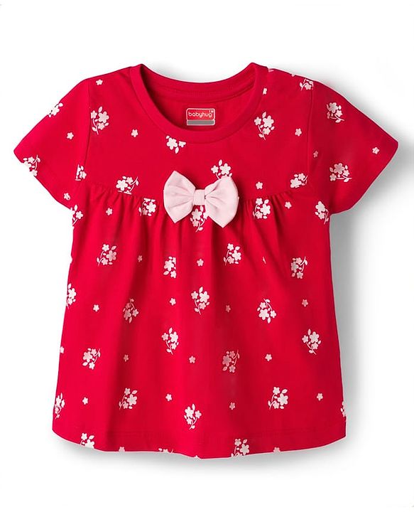 Babyhug Cotton Knit Half Sleeves Co-ords Top & Shorts Night Suit with Floral Print & Bow Applique - Red