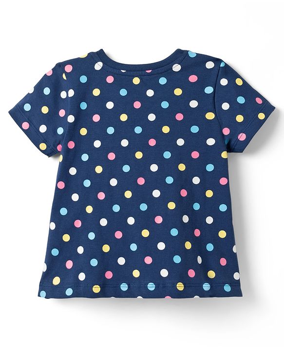 Babyhug Cotton Knit Half Sleeves Co-ords Top & Shorts Night Suit with Polka Dot Print & Bow Applique - Navy Blue