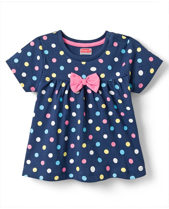 Babyhug Cotton Knit Half Sleeves Co-ords Top & Shorts Night Suit with Polka Dot Print & Bow Applique - Navy Blue