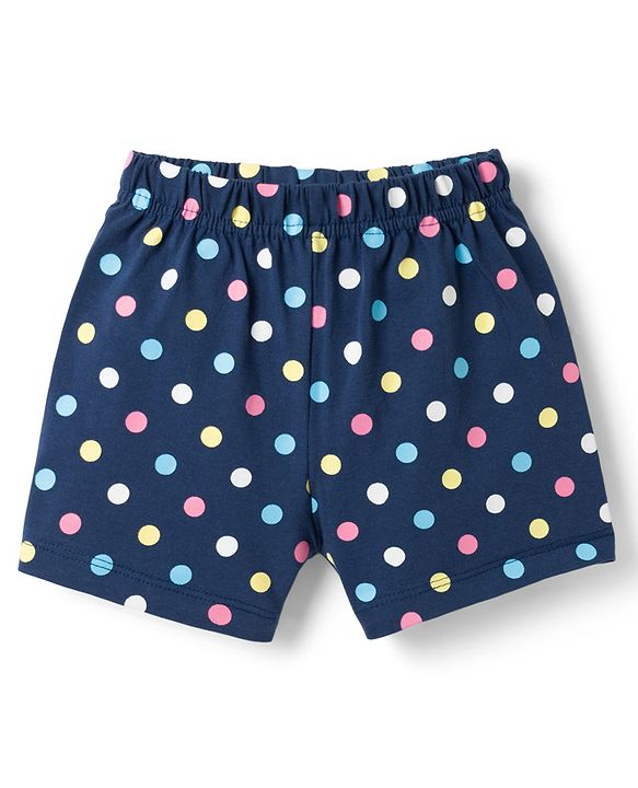 Babyhug Cotton Knit Half Sleeves Co-ords Top & Shorts Night Suit with Polka Dot Print & Bow Applique - Navy Blue
