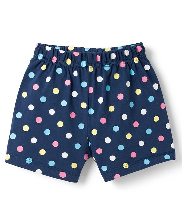 Babyhug Cotton Knit Half Sleeves Co-ords Top & Shorts Night Suit with Polka Dot Print & Bow Applique - Navy Blue