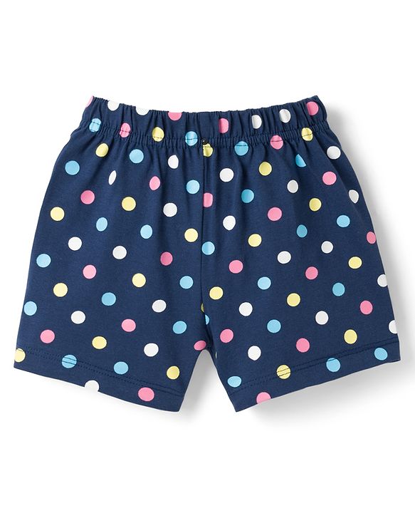 Babyhug Cotton Knit Half Sleeves Co-ords Top & Shorts Night Suit with Polka Dot Print & Bow Applique - Navy Blue
