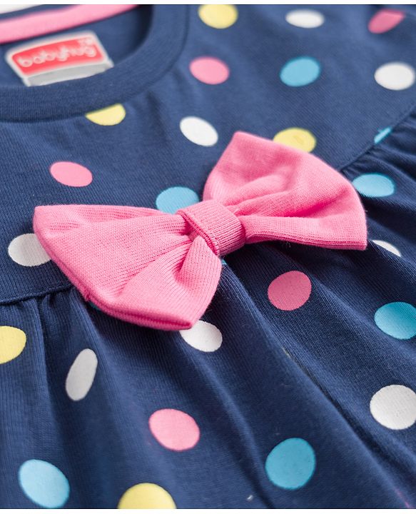 Babyhug Cotton Knit Half Sleeves Co-ords Top & Shorts Night Suit with Polka Dot Print & Bow Applique - Navy Blue