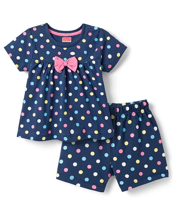 Babyhug Cotton Knit Half Sleeves Co-ords Top & Shorts Night Suit with Polka Dot Print & Bow Applique - Navy Blue