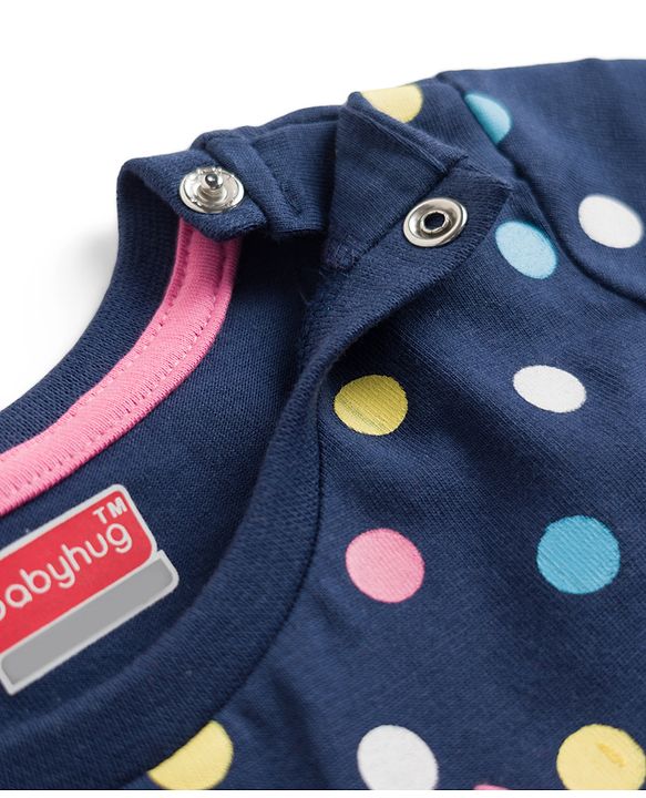 Babyhug Cotton Knit Half Sleeves Co-ords Top & Shorts Night Suit with Polka Dot Print & Bow Applique - Navy Blue