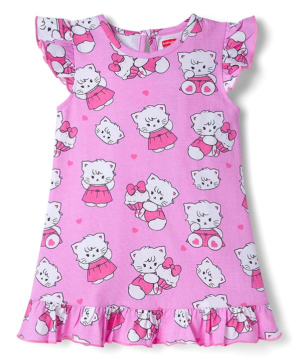 Babyhug Cotton Knit Frill Sleeves Nighty with Kitty Print - Pink