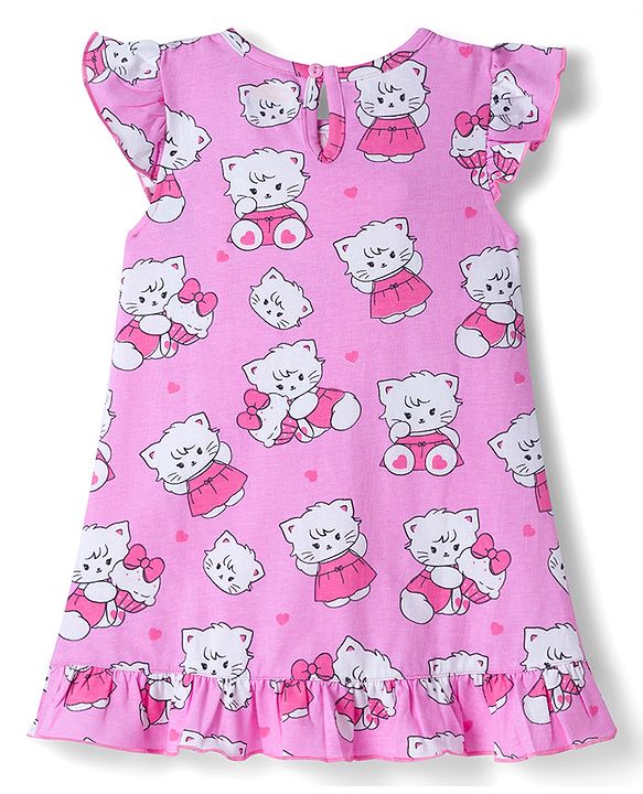 Babyhug Cotton Knit Frill Sleeves Nighty with Kitty Print - Pink