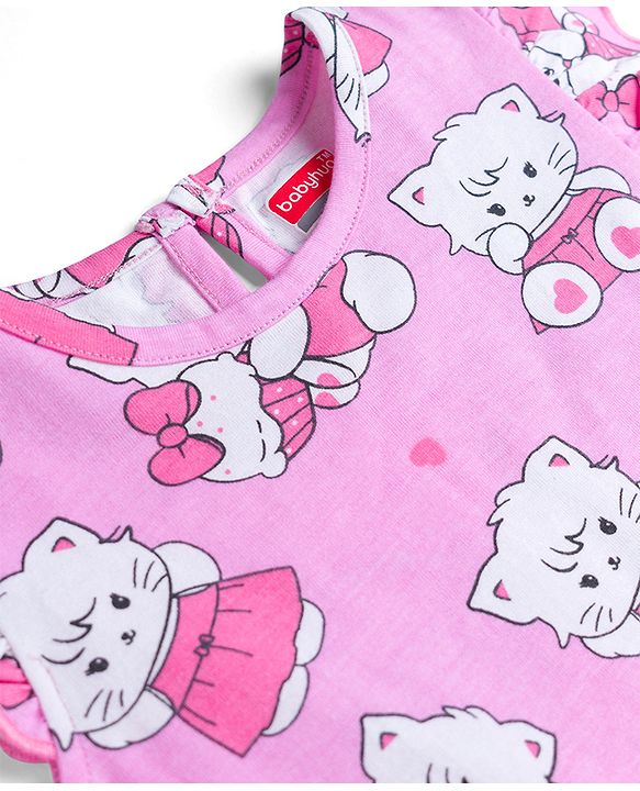 Babyhug Cotton Knit Frill Sleeves Nighty with Kitty Print - Pink