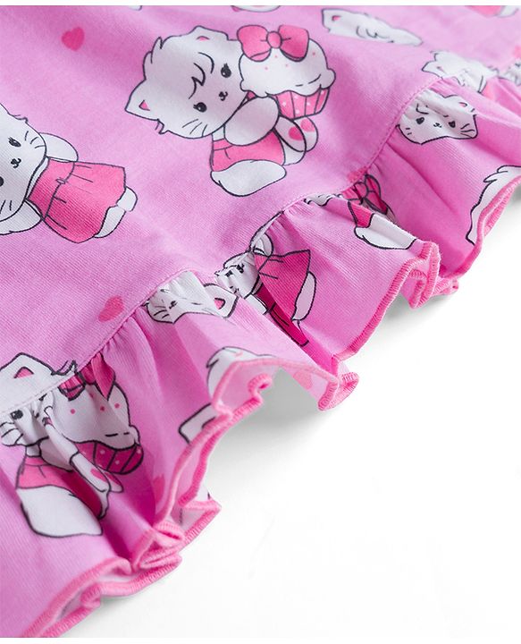 Babyhug Cotton Knit Frill Sleeves Nighty with Kitty Print - Pink