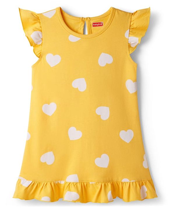 Babyhug Cotton Knit Half Sleeves Nighty With Polka Dot Print - Yellow