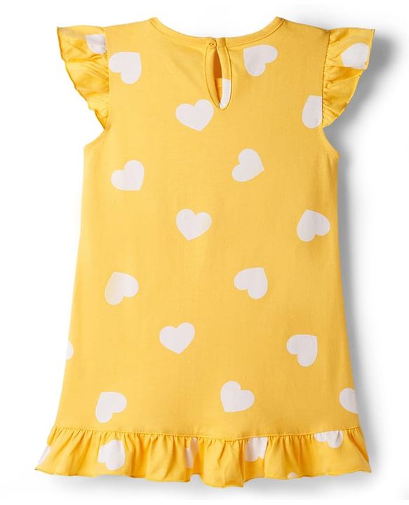 Babyhug Cotton Knit Half Sleeves Nighty With Polka Dot Print - Yellow