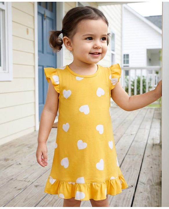 Babyhug Cotton Knit Half Sleeves Nighty With Polka Dot Print - Yellow