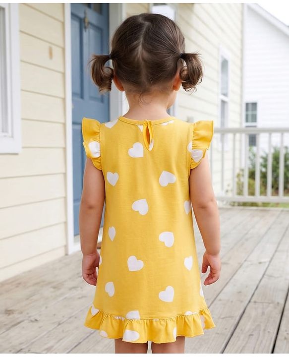Babyhug Cotton Knit Half Sleeves Nighty With Polka Dot Print - Yellow